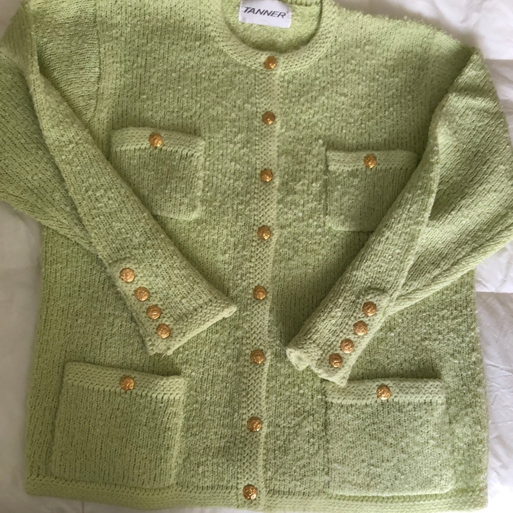 Tanner Boucle Knit Lime M Cardigan with gold buttons and 4 Pockets